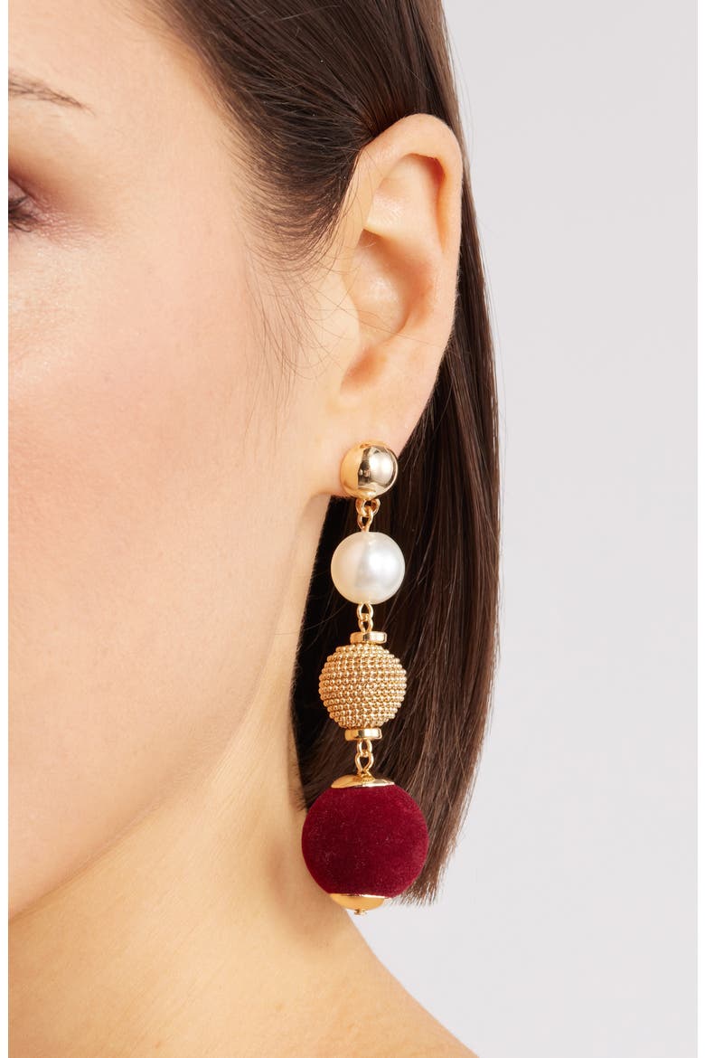 Orb Velvet & Faux Pearl Drop Earrings, Alternate, color, BURGUNDY- GOLD