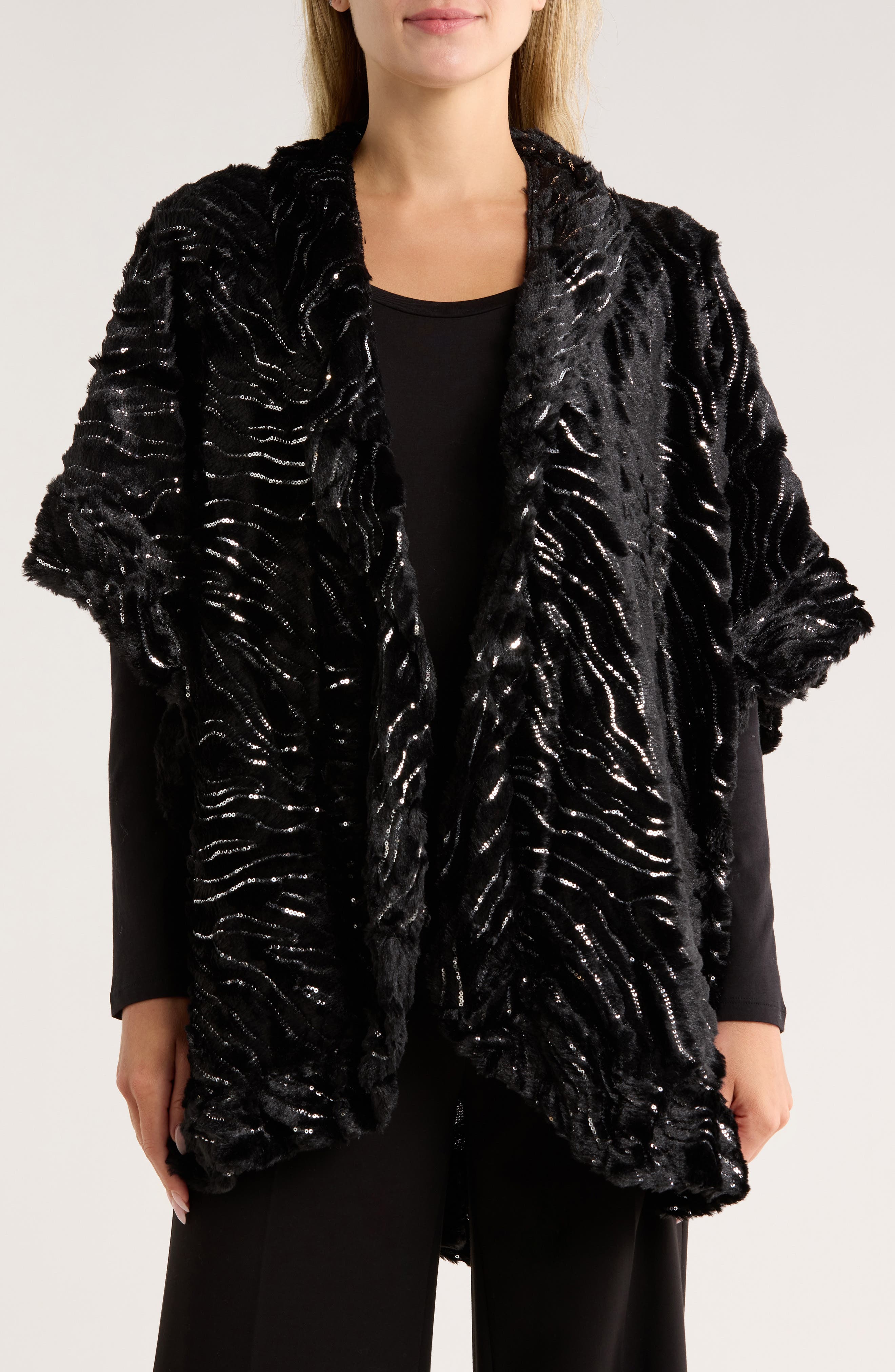 Nanette Lepore Sequin Wave Texture Faux Fur Ruana