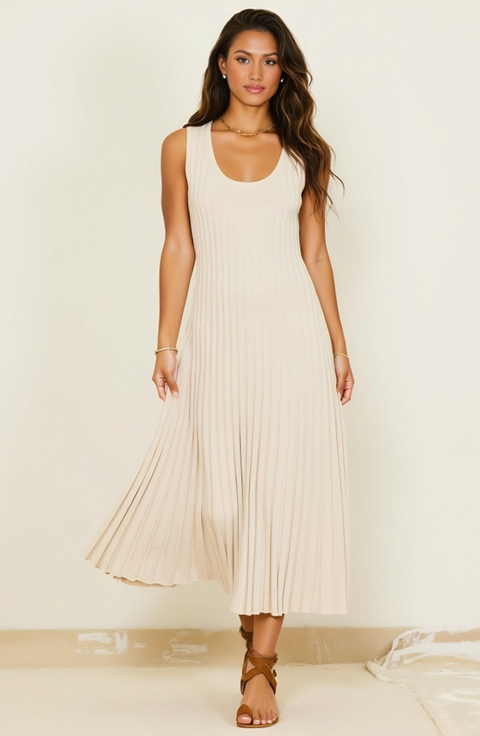 Sleeveless Ribbed Knit Midi Dress with Flowy Pleated Hem