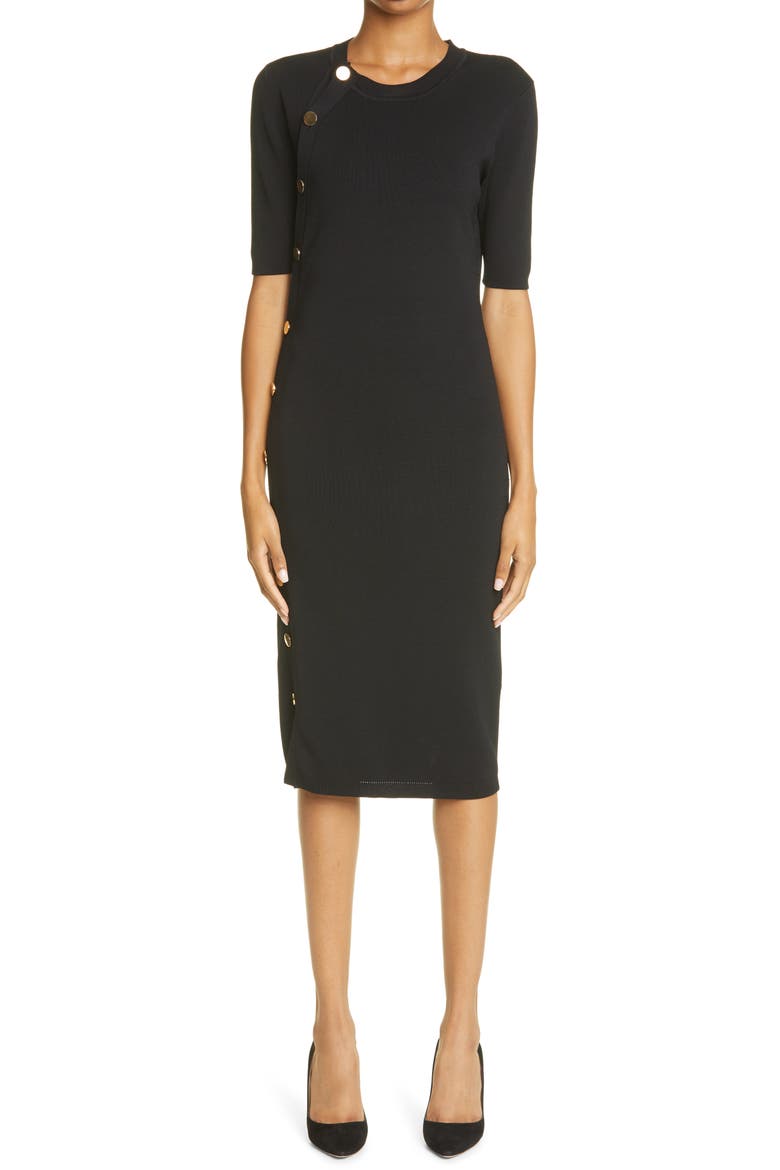 Topaz Side Button Shift Dress, Main, color, BLACK