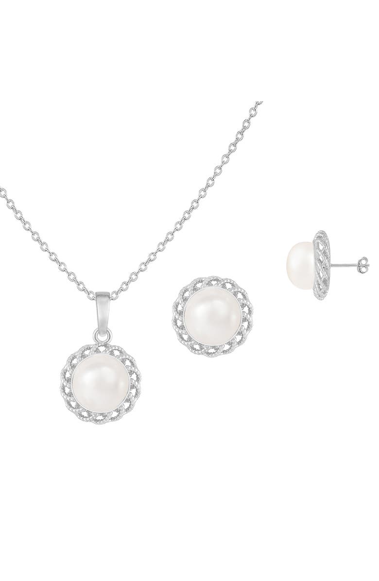 SPLENDID PEARLS Halo Freshwater Pearl Pendant Necklace & Stud Earrings Set, Main, color, White