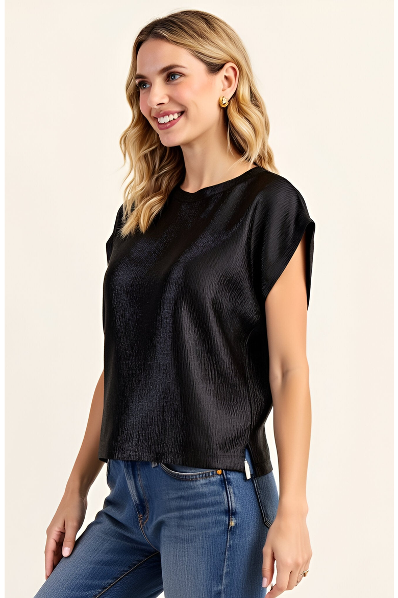 Short Sleeve Textured Satin Blouse with Relaxed Fit and Keyhole Back, Alternate, color, Black
