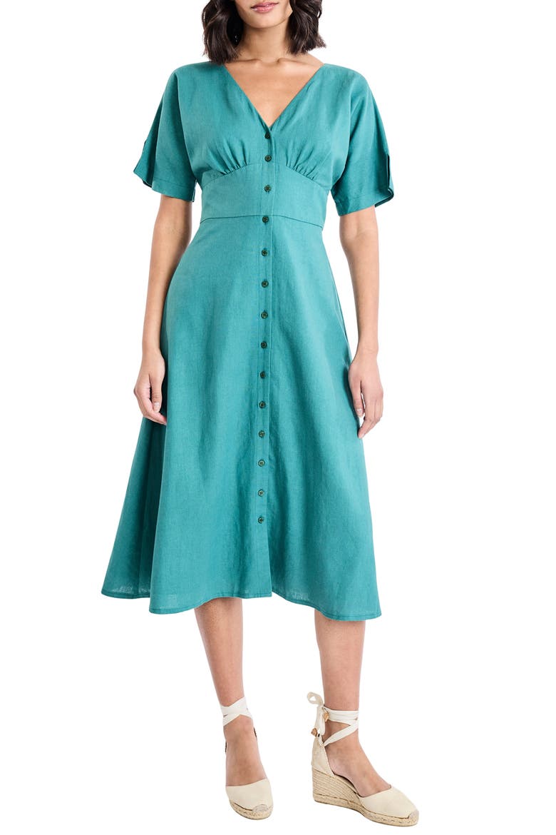 Flutter Sleeve Flare Linen Blend Midi Dress, Main, color, NORTH SEA