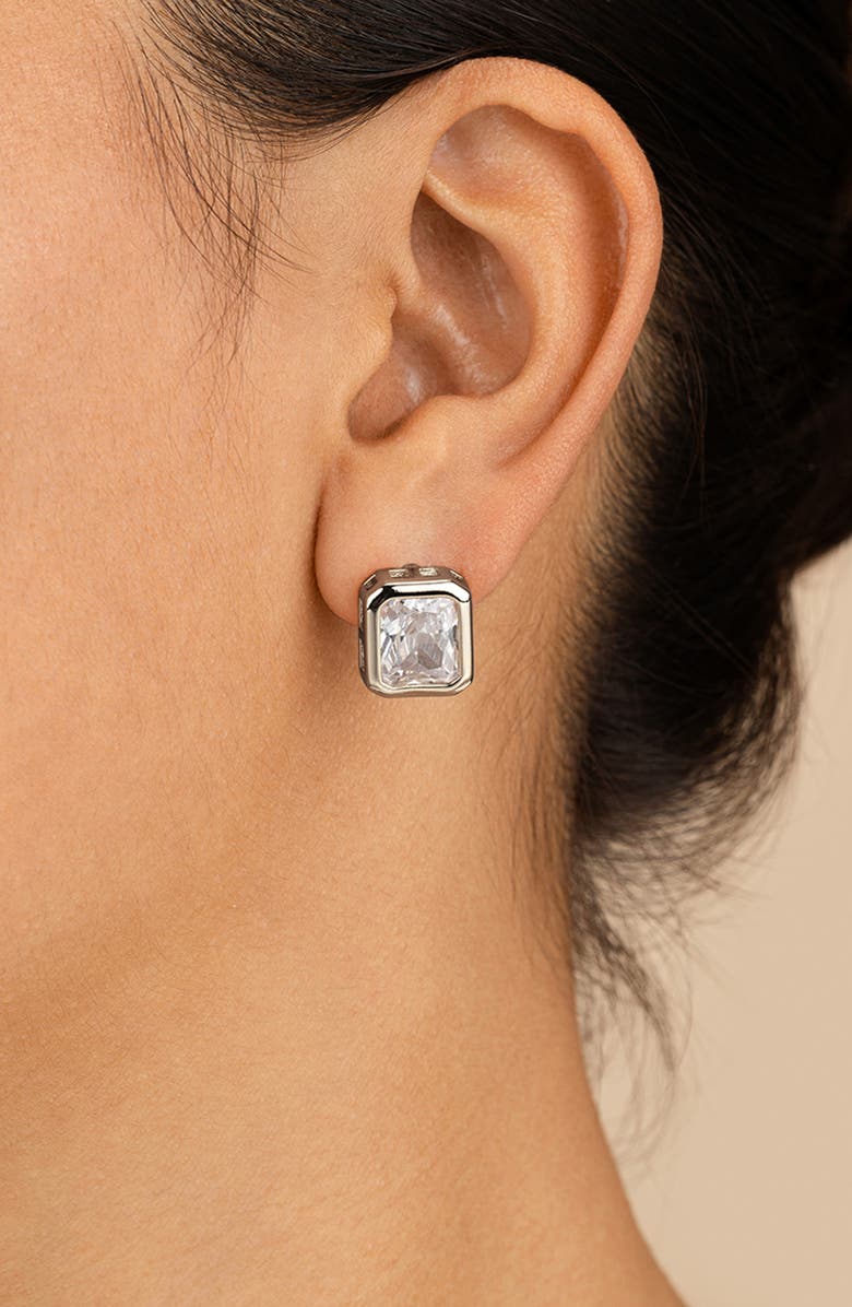 Sterling Forever Camille Bezel Cubic Zirconia Stud Earrings, Alternate, color, Silver