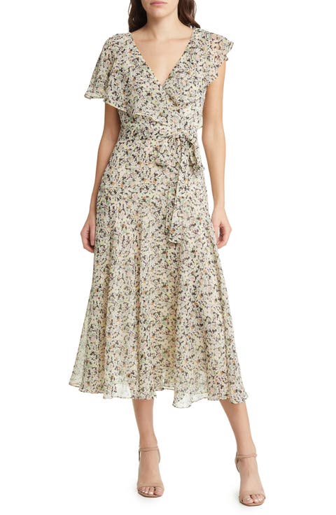 Taliar Circular Cuff Ruffles Floral Midi Dress