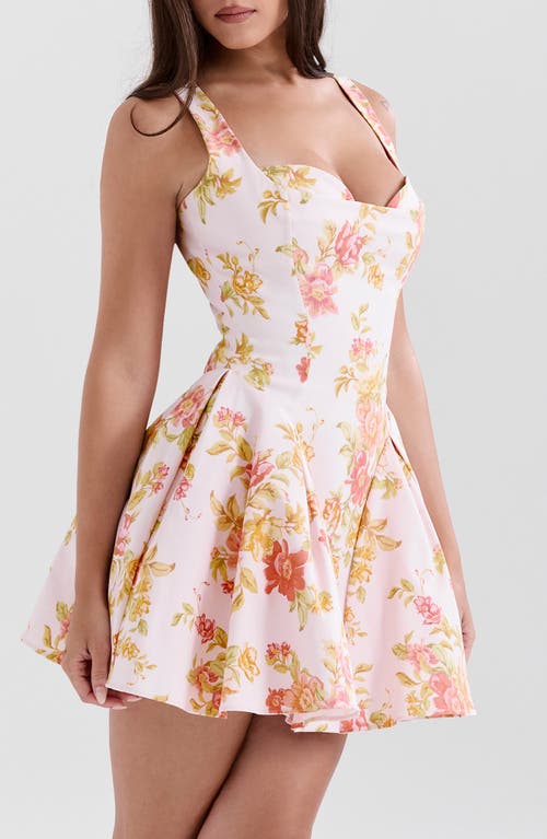 House Of Cb Bunny Voluminous Skirt Minidress In Peach Poppy Print