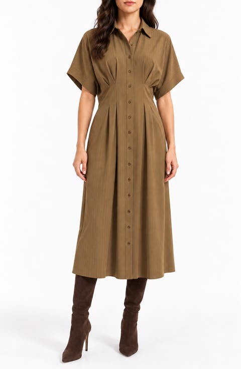 Pinstripe Pintuck Shirtdress