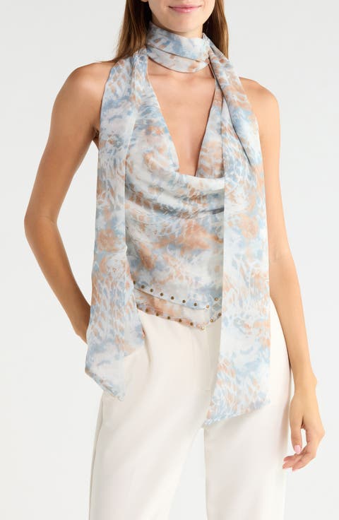 Stud Trim Cowl Neck Chiffon Top
