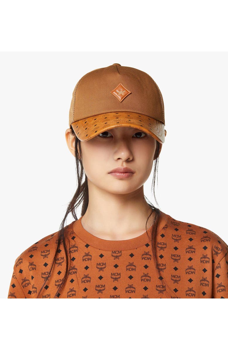 MCM Diamond Cap in Cotton and Monogram Print Leather, Alternate, color, Cognac