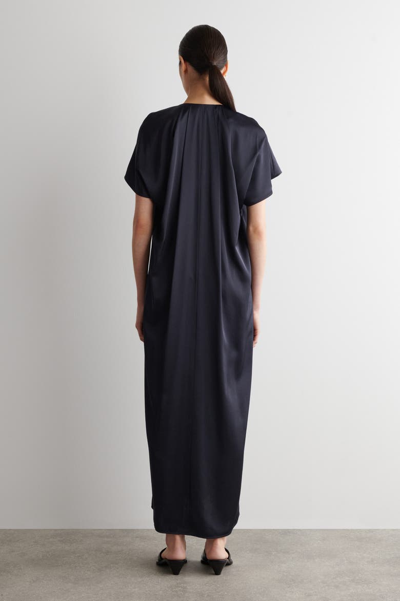 Pleated Satin Midi Dress, Alternate, color, NAVY