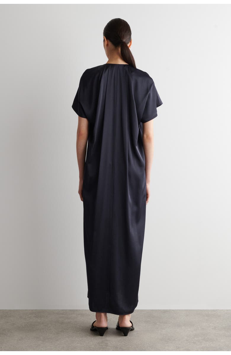 COS Pleated Satin Midi Dress, Alternate, color, Navy