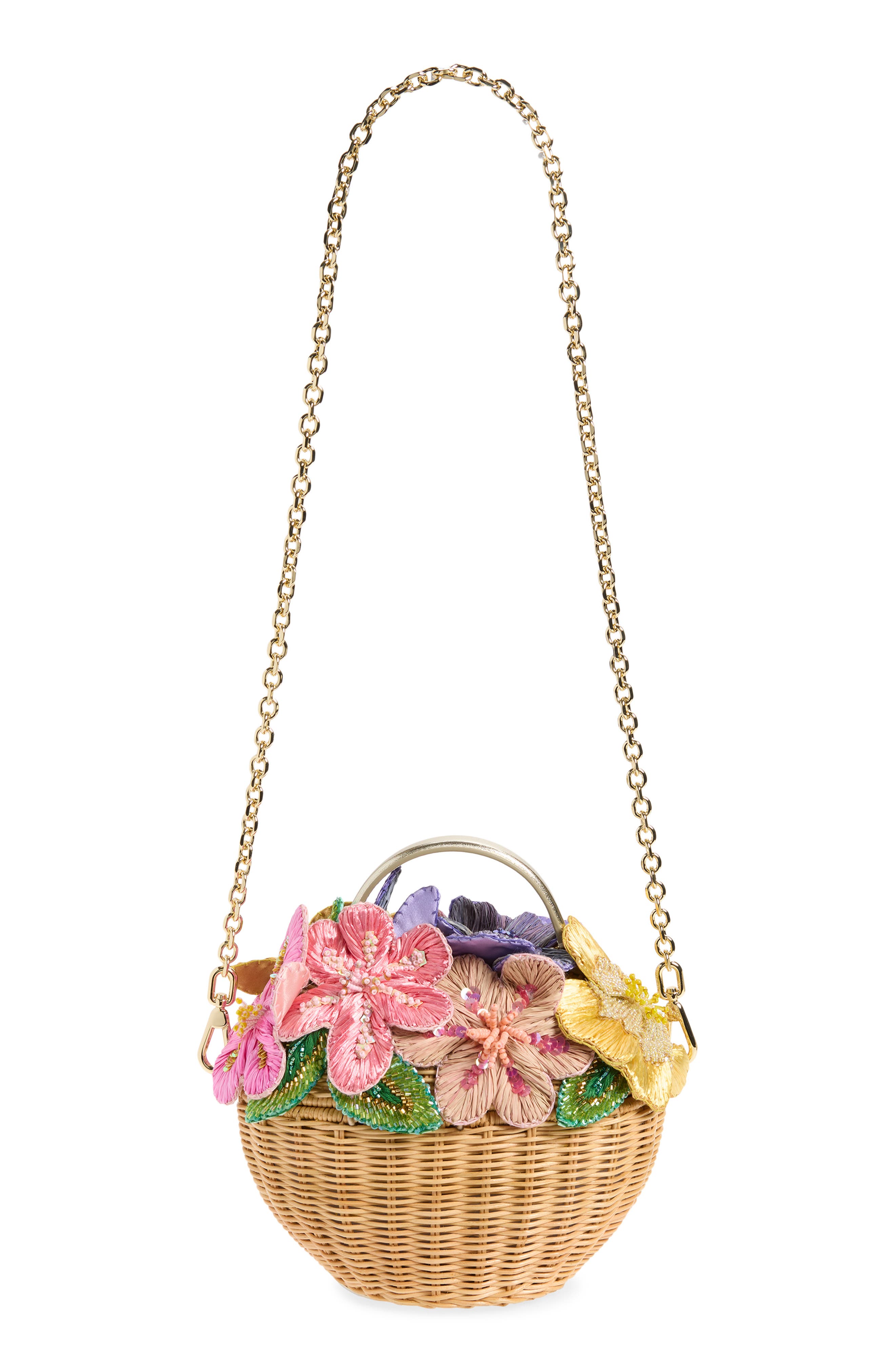 JUDITH LEIBER COUTURE Dorothy Basket Flower Bouquet Woven Rattan Top Handle Bag, Alternate, color, Champagne Natural