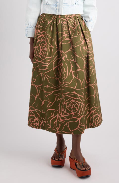 Soni Giant Couture Rose Print Pleated Cotton Poplin A-Line Midi Skirt