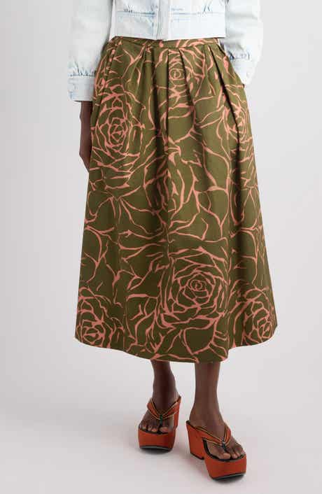 Soni Giant Couture Rose Print Pleated Cotton Poplin A-Line Midi Skirt