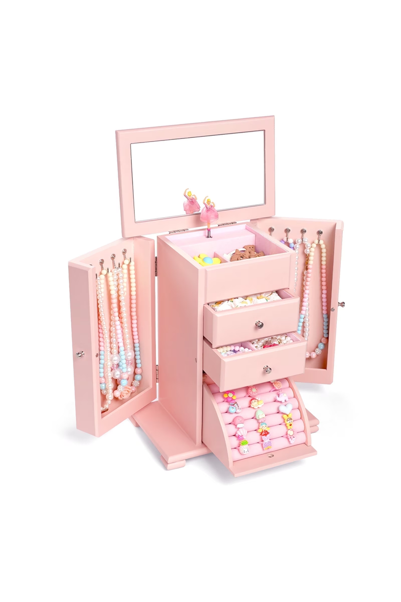 Kids Ballerina Musical Wooden Jewelry Box, Main, color, Pink