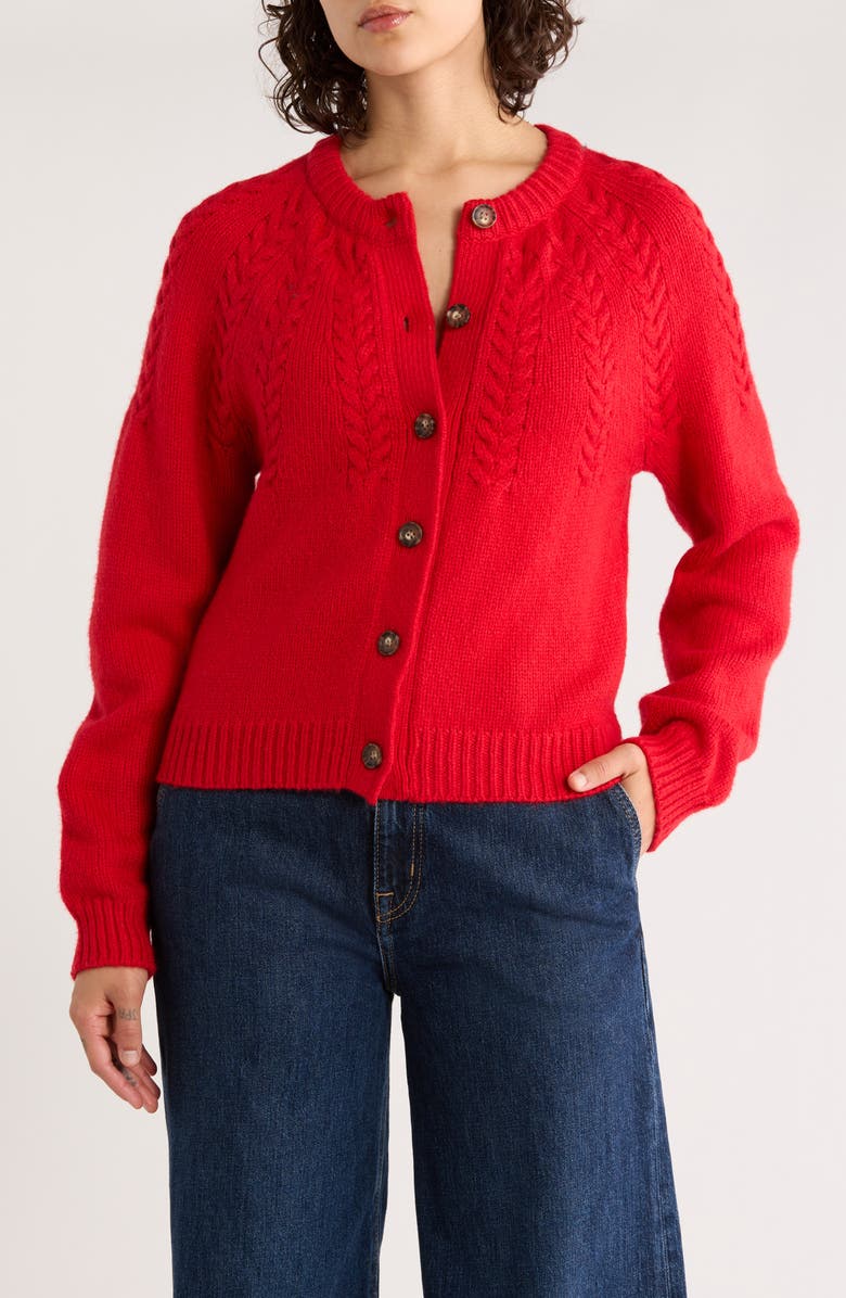 Marine Layer Everly Cable Stitch Cardigan, Main, color, Cherry Red