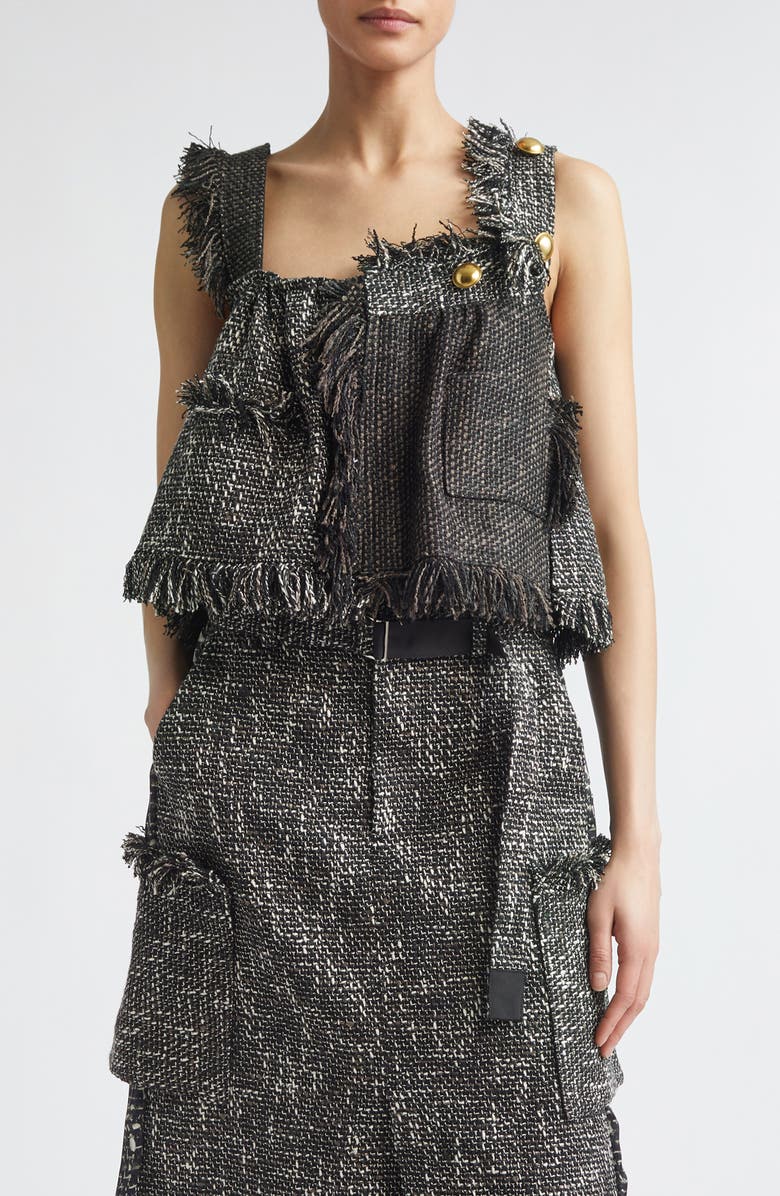 Sacai Crop Mixed Tweed Camisole, Main, color, Black