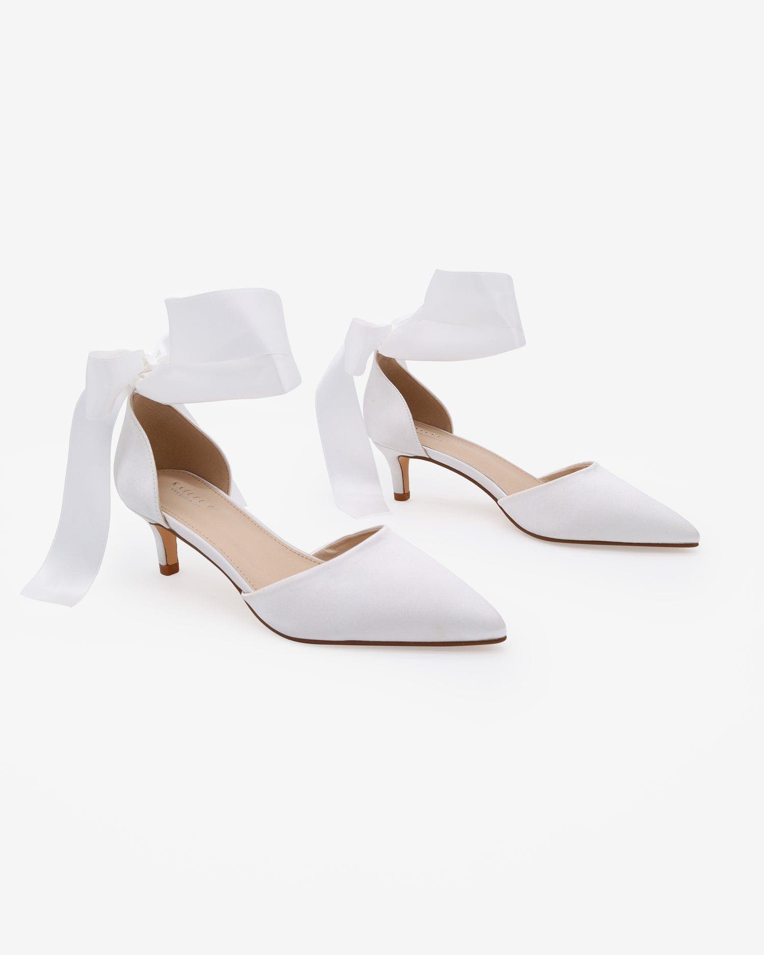 Kailee P Farah Satin Pointy Toe Kitten Low Heel with Wrapped Satin Ribbon Tie, Alternate, color, White