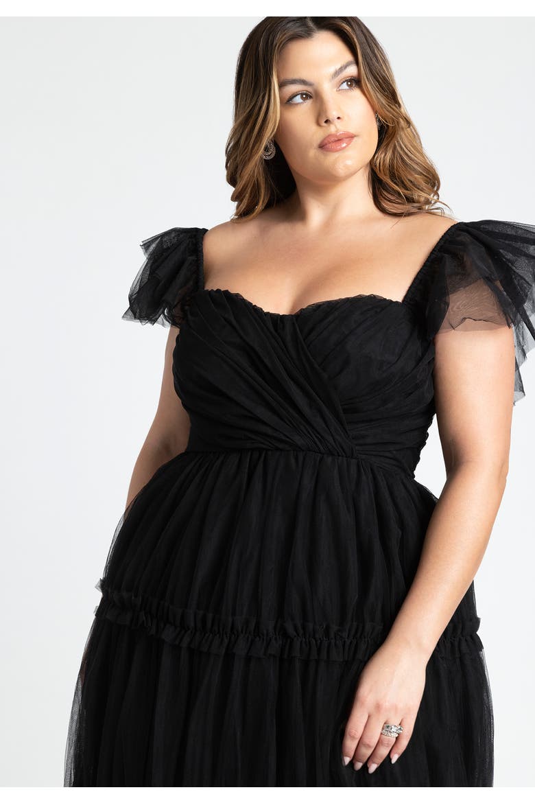 Flutter-Sleeve Tulle Midi Dress, Alternate, color, BLACK ONYX
