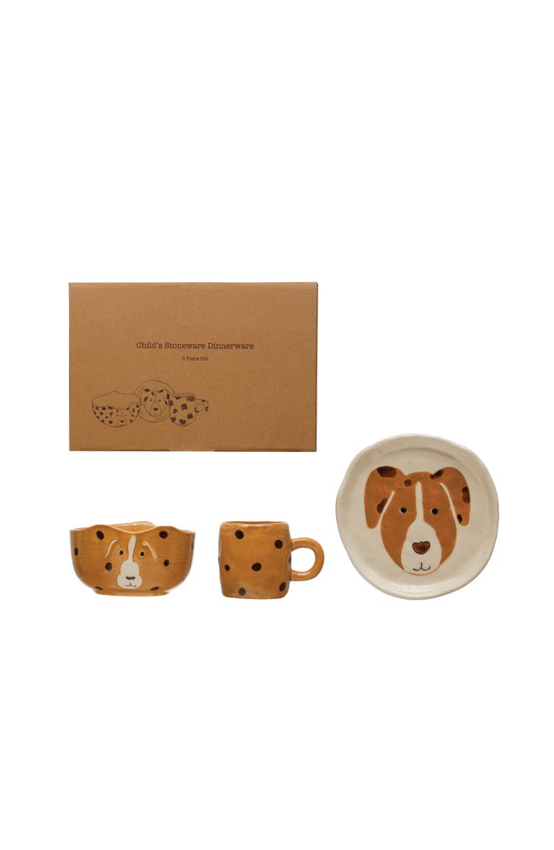 Storied Home Child's Stoneware Dinnerware with Painted Dogs, Boxed Set of 3 Pieces, Main, color, 