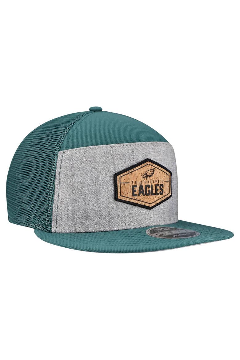 Men's New Era  Gray/Midnight Green Philadelphia Eagles Cork Split Panel 9FIFTY Trucker Snapback Hat, Alternate, color, Gray