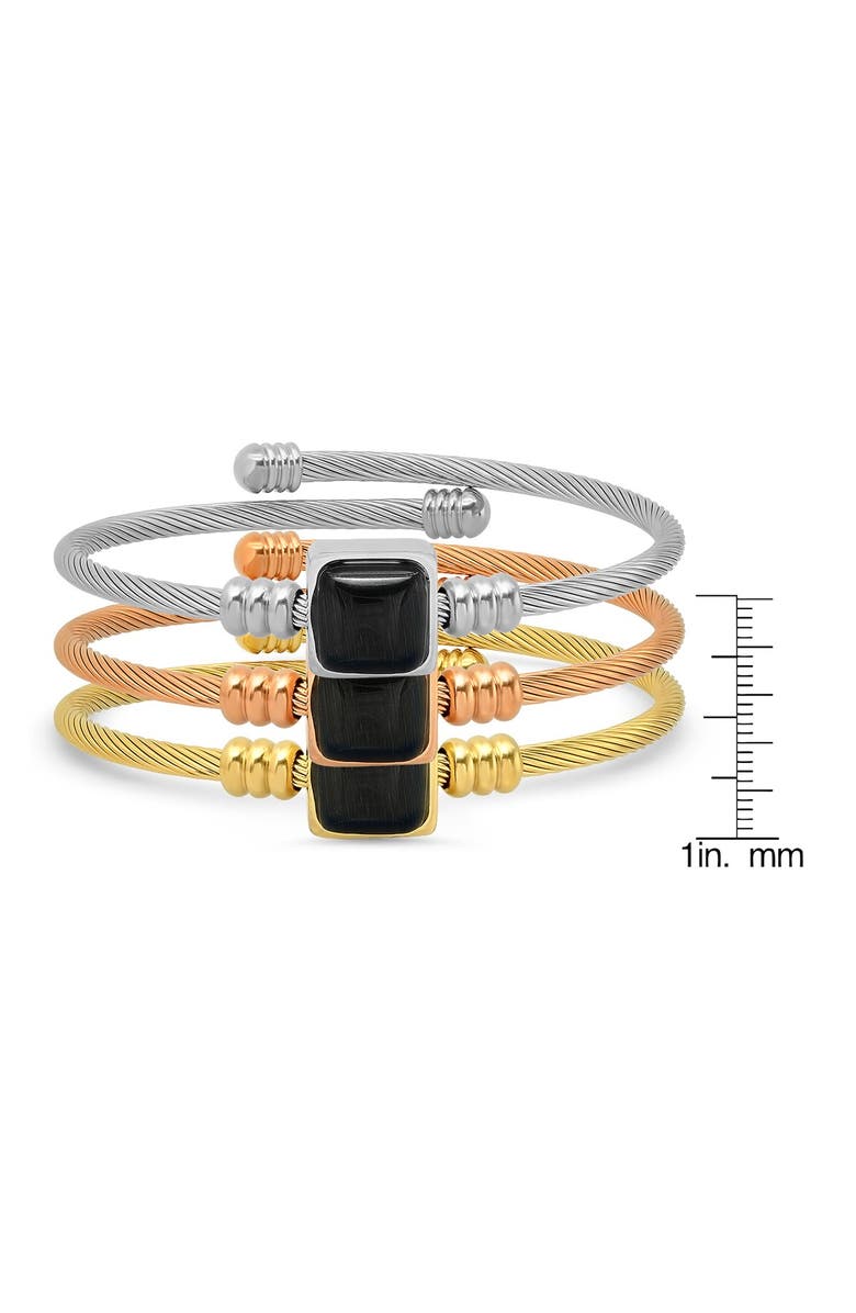 HMY JEWELRY Tri-Tone Stainless Steel Simulated Onyx Beaded Cable Bangle Bracelet Set, Alternate, color, Tri Tone