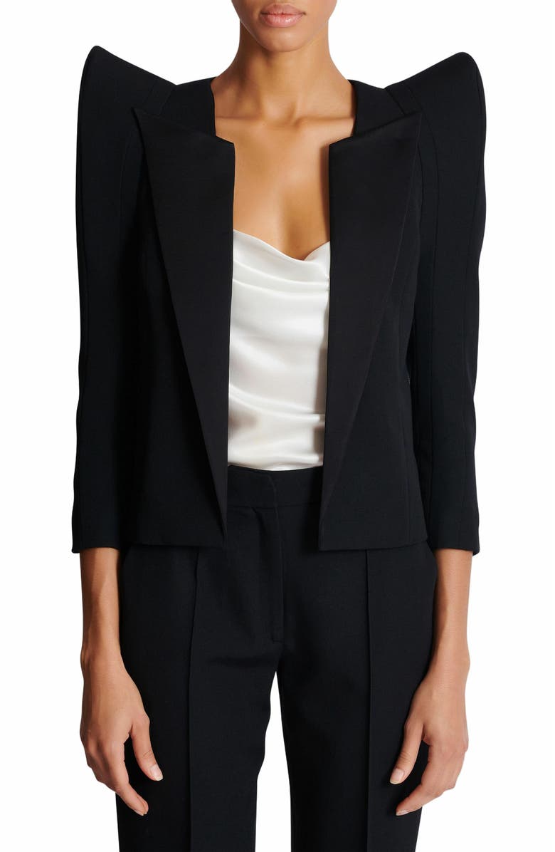 Balmain Cropped Grain De Poudre Jacket With Structured Shoulders, Alternate, color, Black