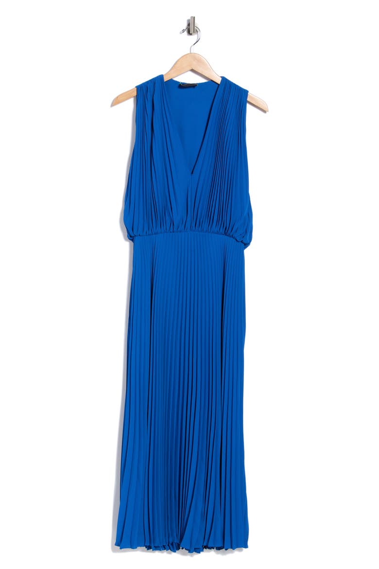 Pleated V-Neck Midi Dress, Alternate, color, BLUE