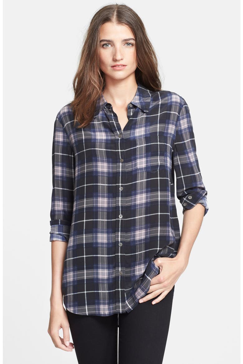 'Reese' Plaid Silk Shirt, Main, color, TRUE BLACK