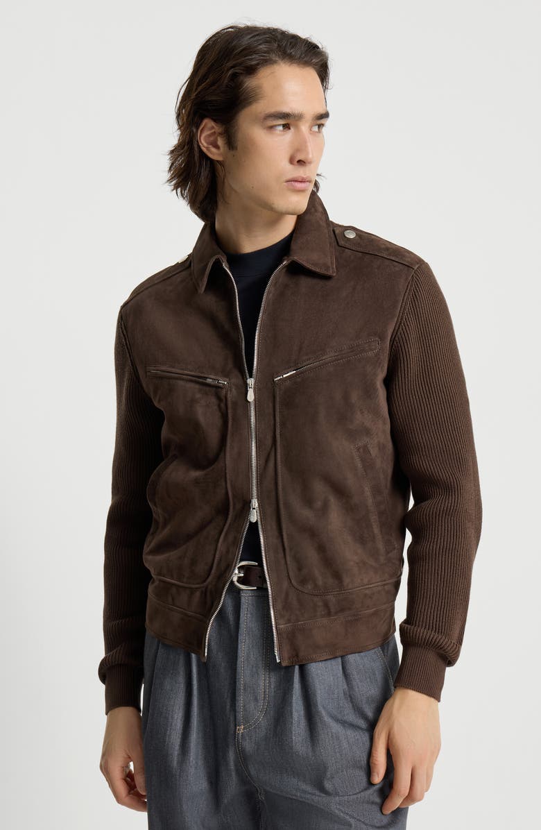 Brunello Cucinelli Suede and knit outerwear jacket, Alternate, color, Espresso