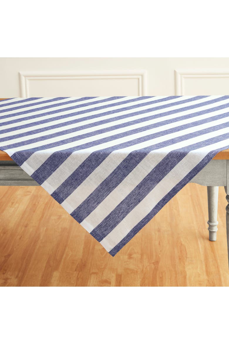 Linen Table Throw 52 x 52 Inch - Cabana Stripe, Alternate, color, Navy and White