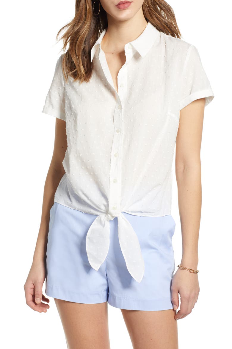 Tie Front Button Down Clip Dot Shirt, Main, color, IVORY CLOUD