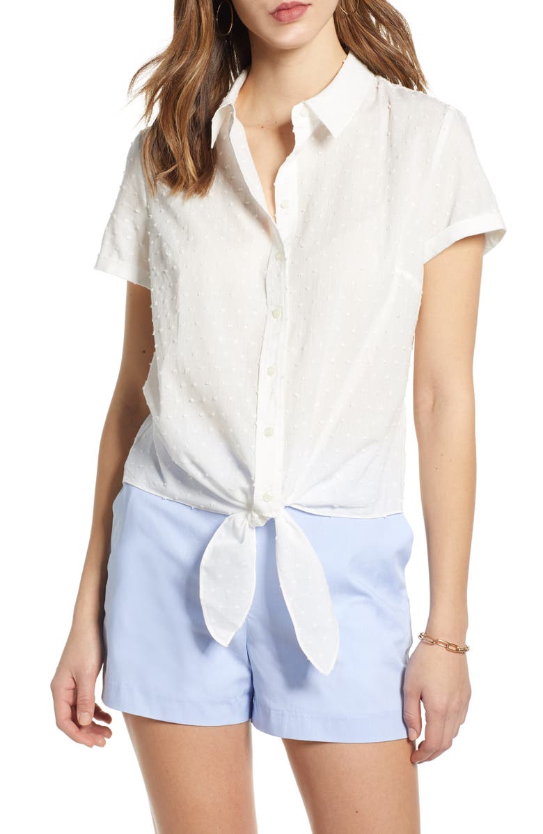 1901 Tie Front Button Down Clip Dot Shirt, Main, color, 