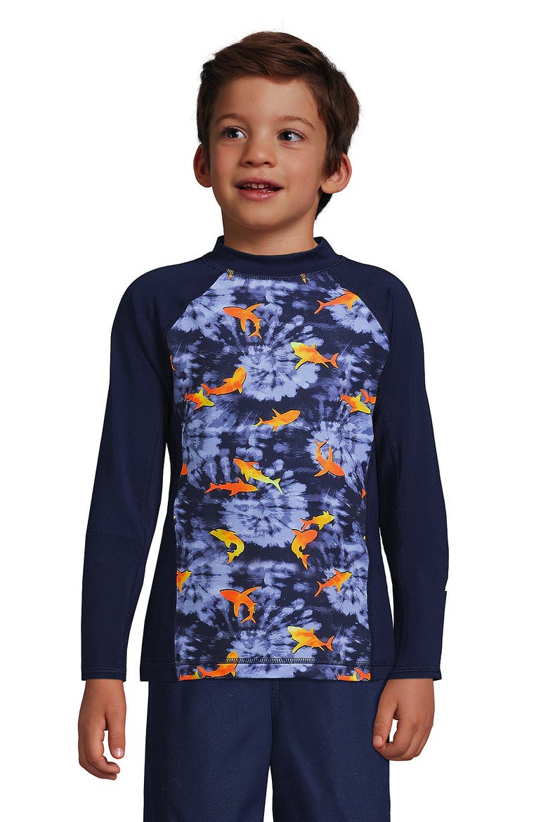 Boys Long Sleeve UPF 50 Sun Protection Rash Guard, Main, color, Deep Sea Navy Tie Dye Sharks