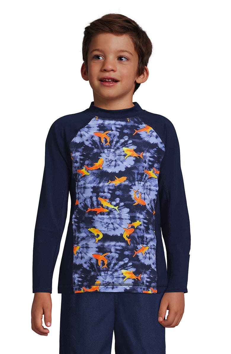 Lands' End Boys Long Sleeve UPF 50 Sun Protection Rash Guard, Main, color, Deep Sea Navy Tie Dye Sharks