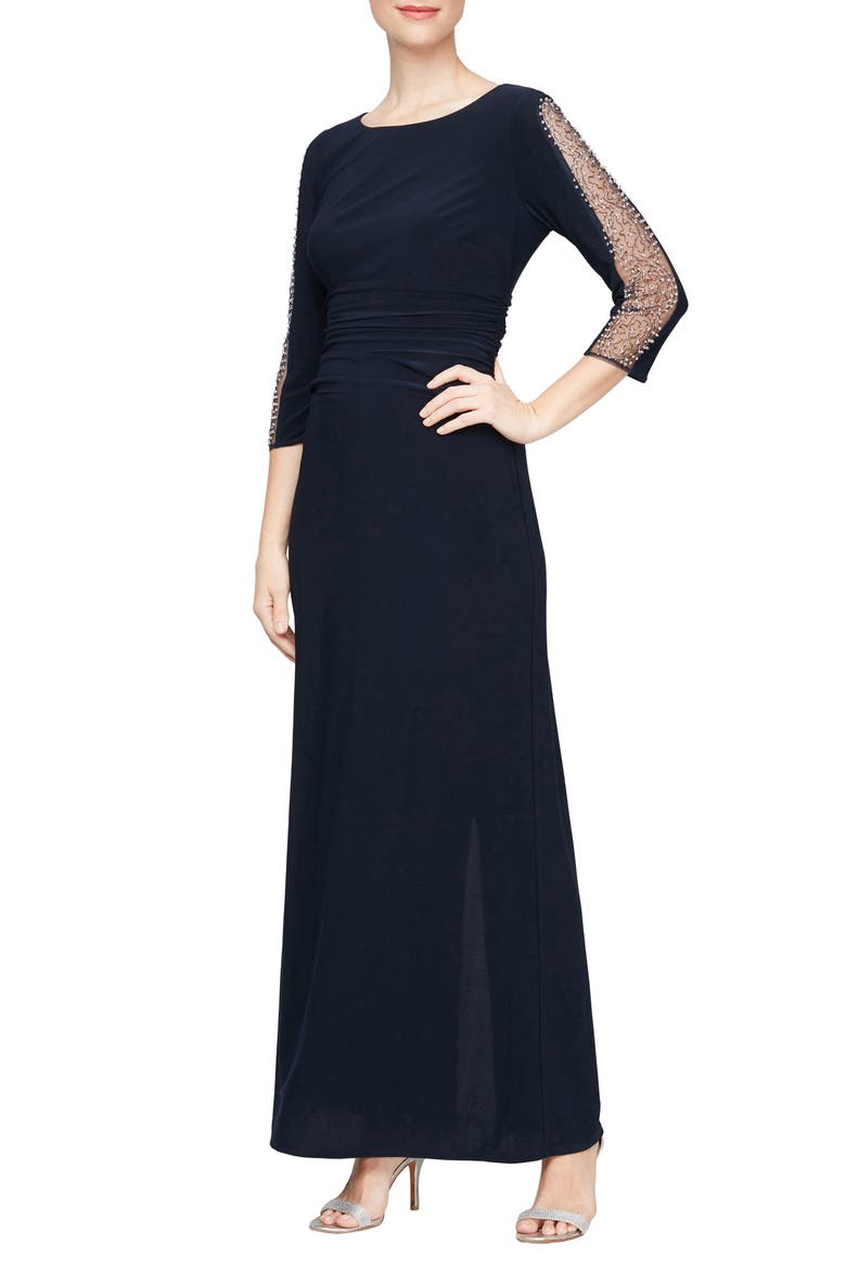 Ruched Waist Embellished Sleeve Gown, Main, color, NAVY