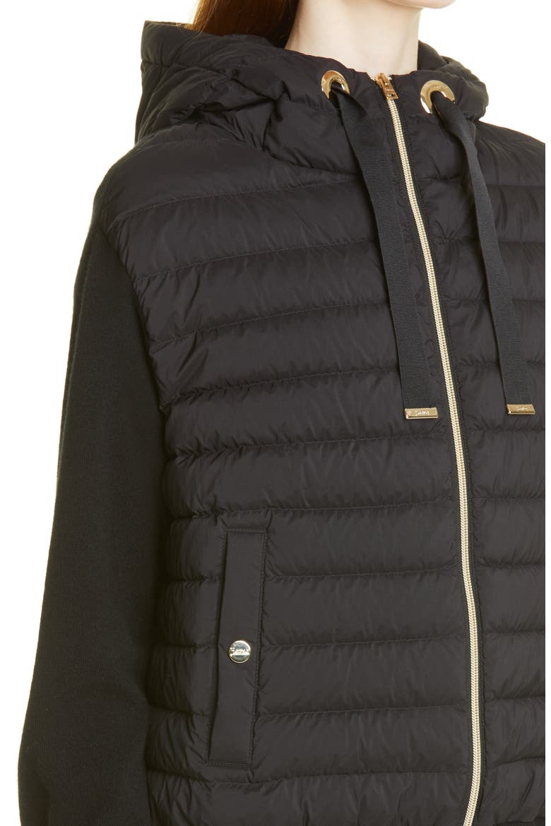 Knit Sleeves Hooded Down Puffer Jacket, Alternate, color, BLACK