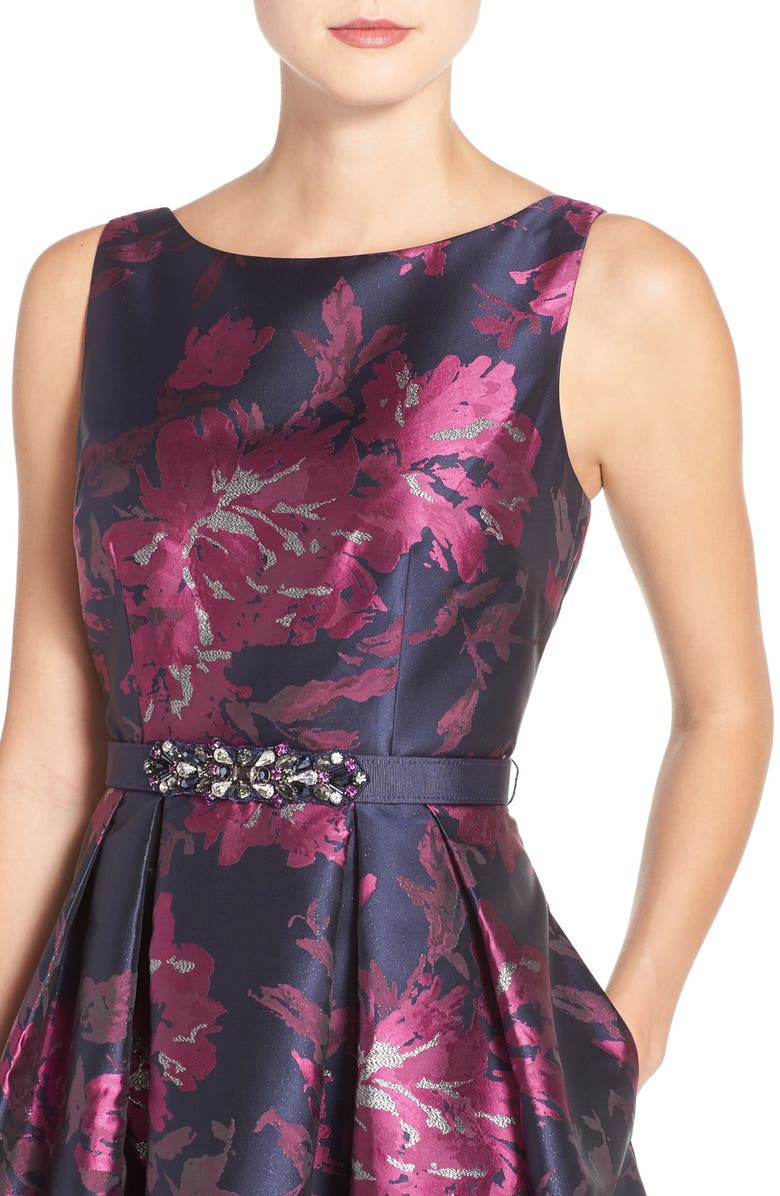 Eliza J Belted Metallic Jacquard Fit & Flare Dress, Alternate, color,