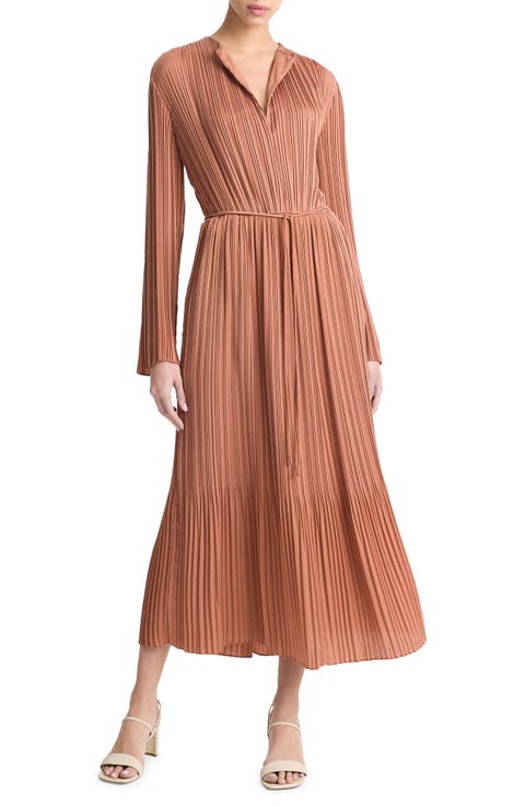 Variegated Pleat Long Sleeve Midi Dress