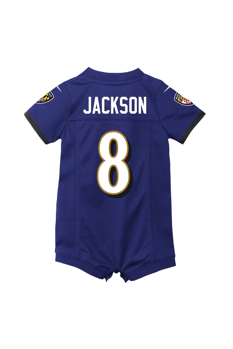 Newborn Nike Lamar Jackson Purple Baltimore Ravens Romper Game Jersey, Alternate, color, Purple