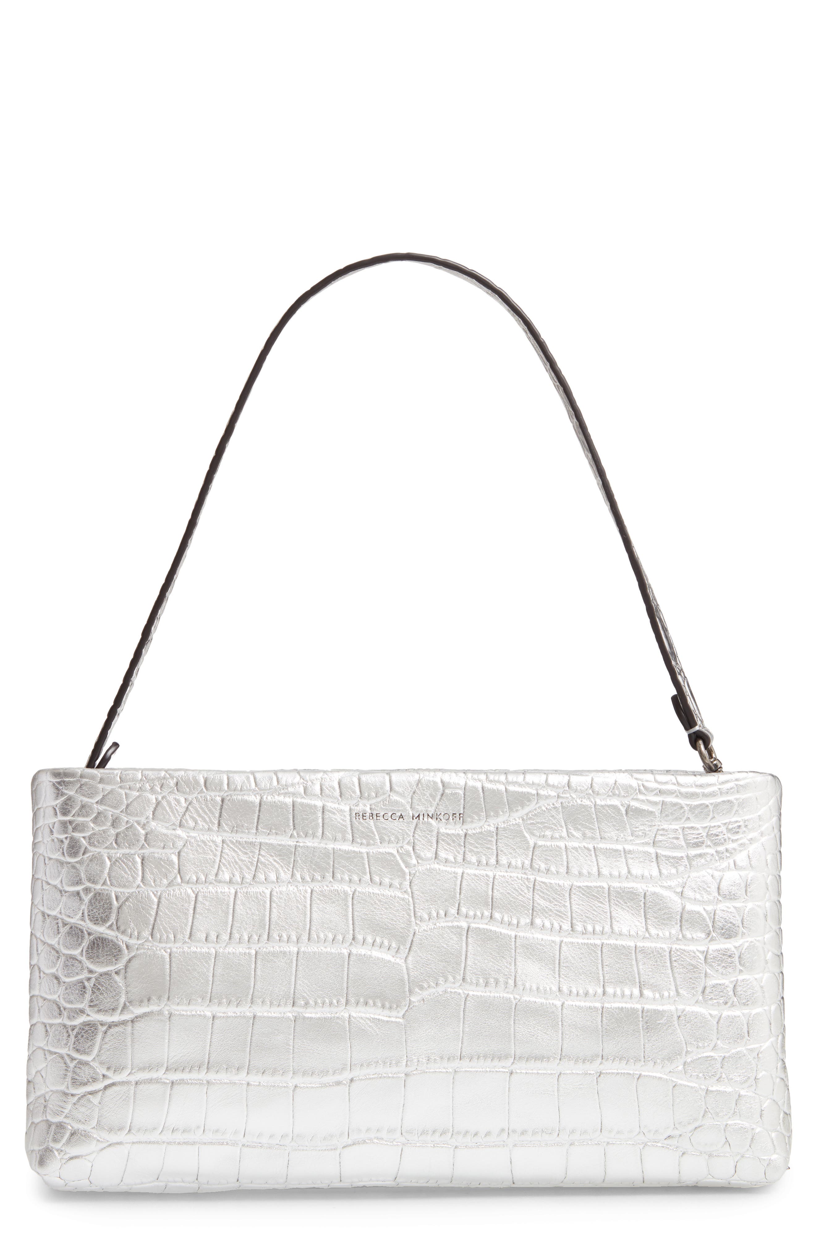 Leather Zip Clutch, Main, color, SILVER