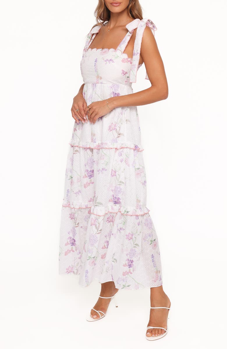 Petal & Pup Aurelia Eyelet Tie Strap Tiered Maxi Dress, Alternate, color, Purple Floral