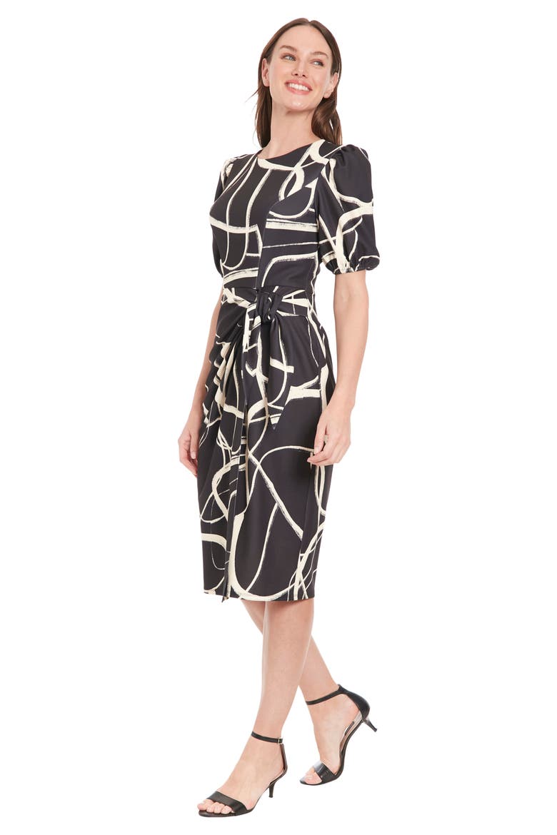 Print Side Tie Puff Sleeve Dress, Alternate, color, BLACK/ CREAM