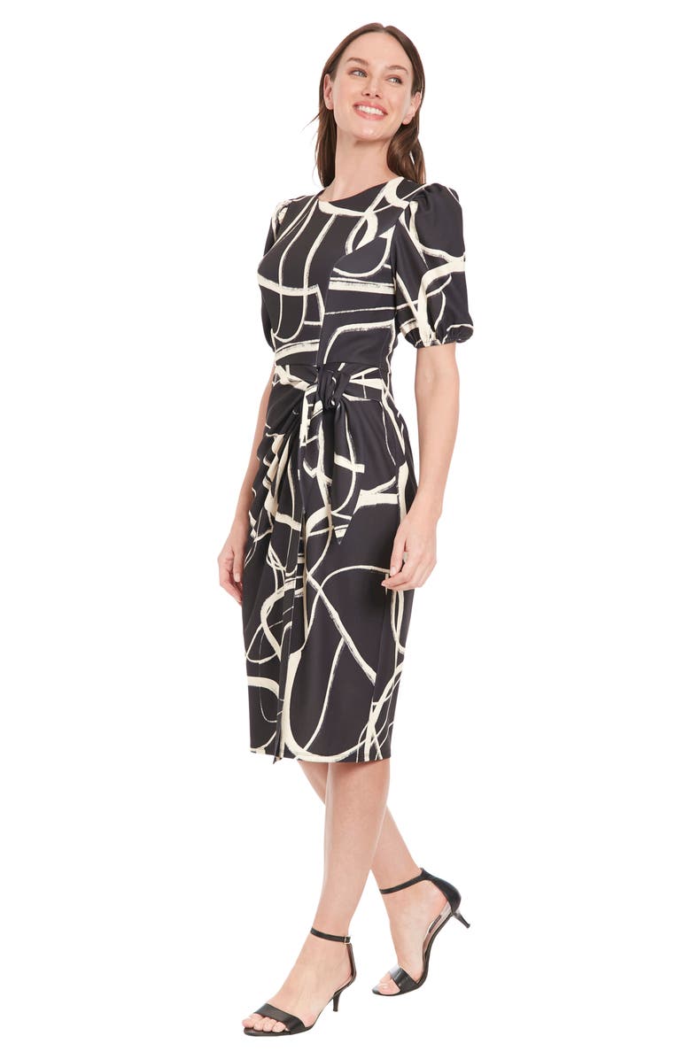 London Times Print Side Tie Puff Sleeve Dress, Alternate, color, Black/ Cream