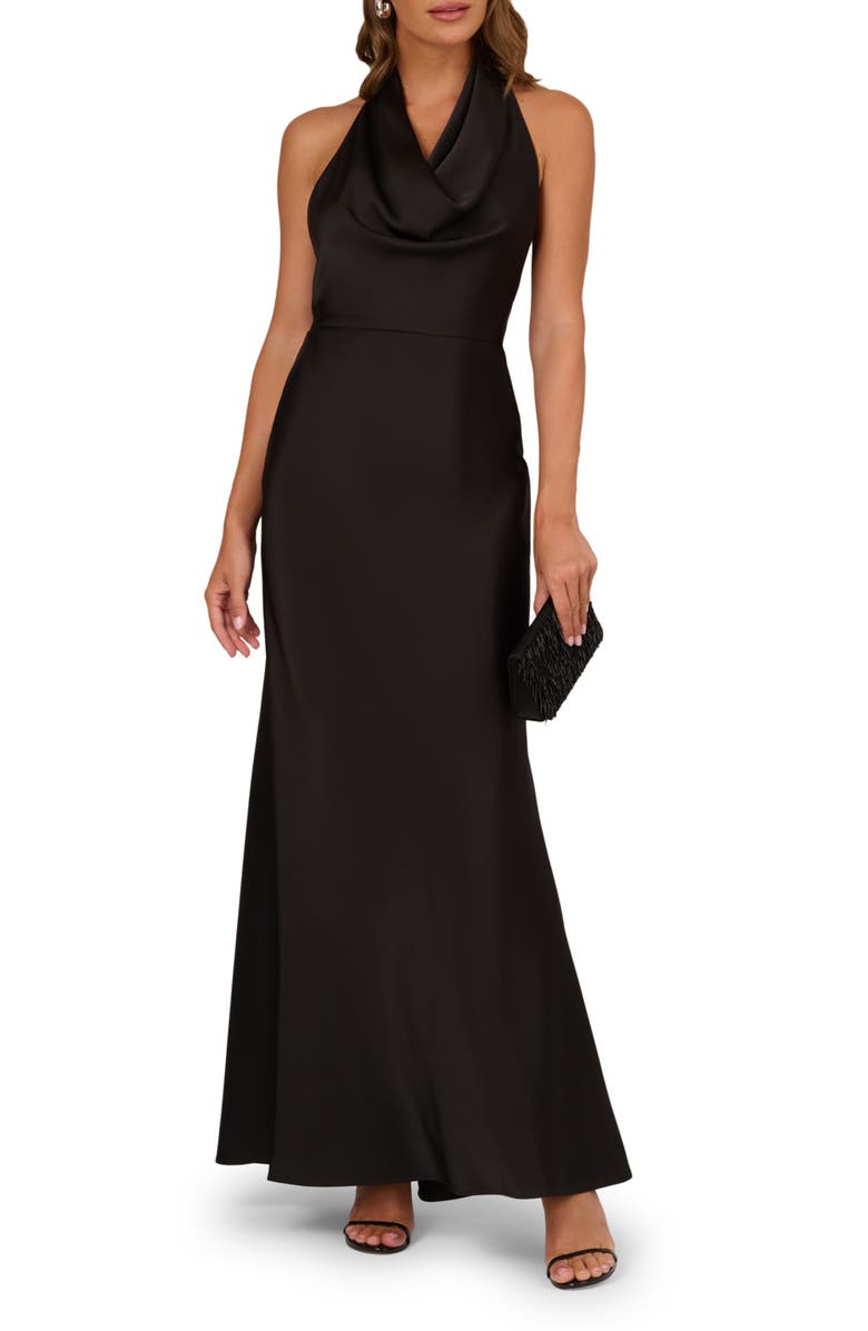 Adrianna Papell Cowl Neck Open Back Satin Gown, Alternate, color, Black