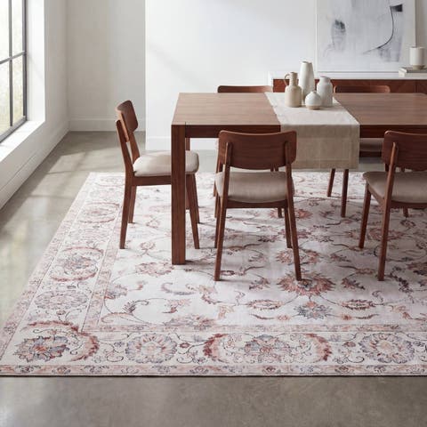 Arabella Vintage Floral Border Non-Slip Machine-Washable Dark Gray/Multi 4 ft. x 6 ft. Area Rug