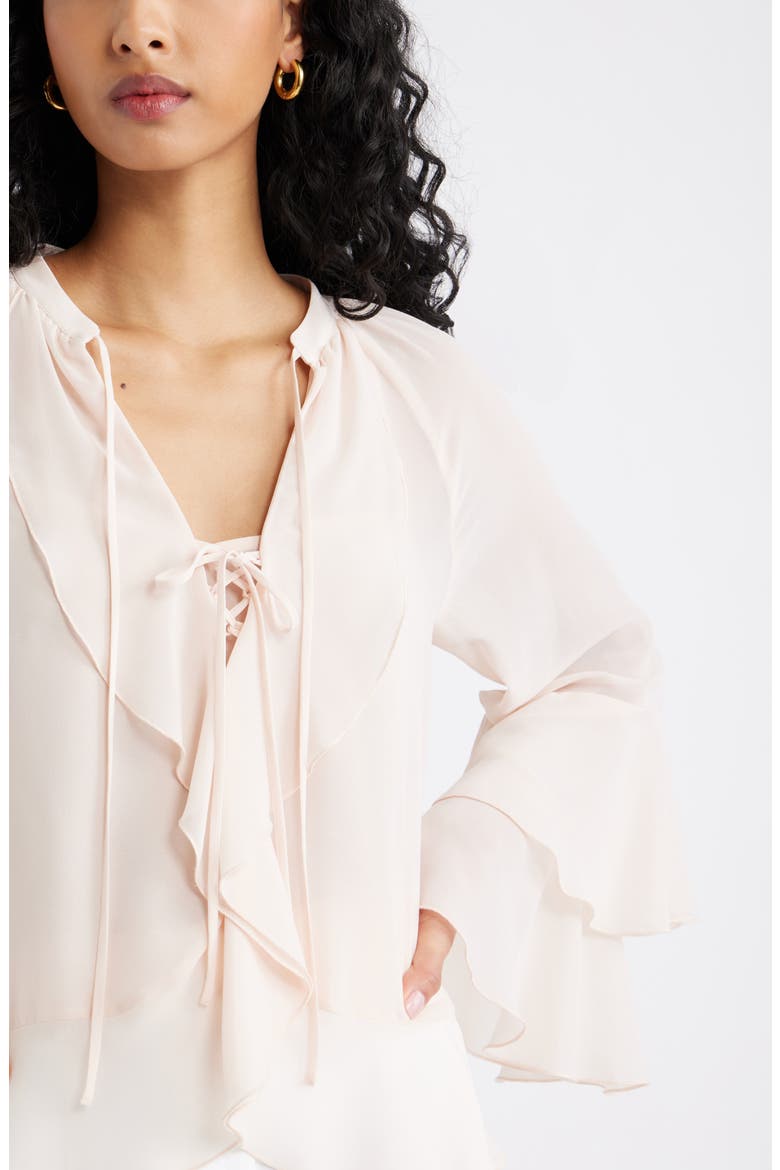 Chiffon Ruffle Trim Top, Alternate, color, PINK PEONY BUD
