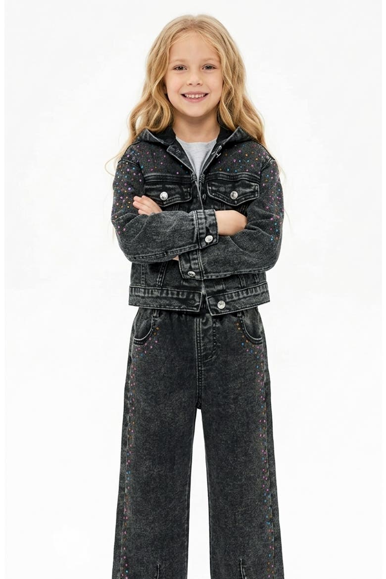 Kids' Crystal Embellished Hooded Denim Trucker Jacket, Alternate, color, BLACK WASH MULTI GEM