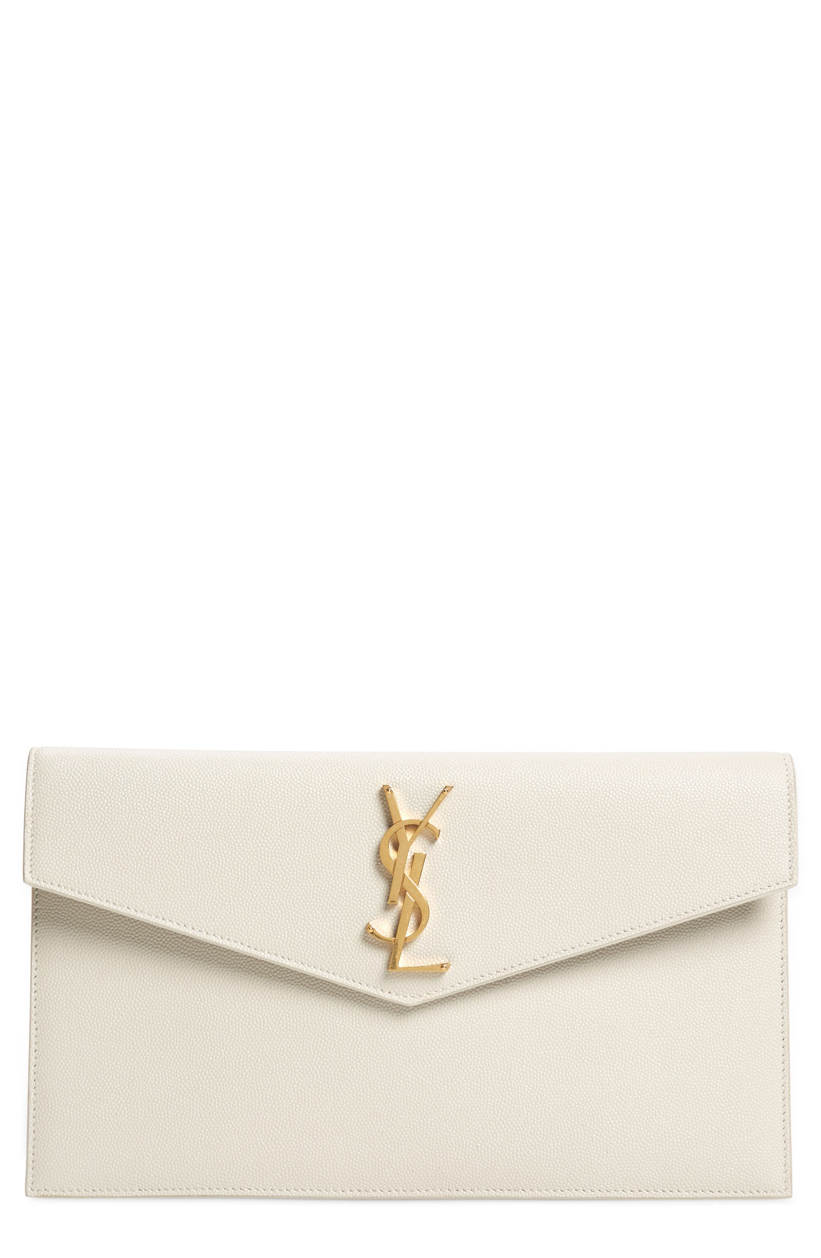 Saint Laurent Uptown Calfskin Leather Envelope Clutch, Main, color, 9207 Crema Soft