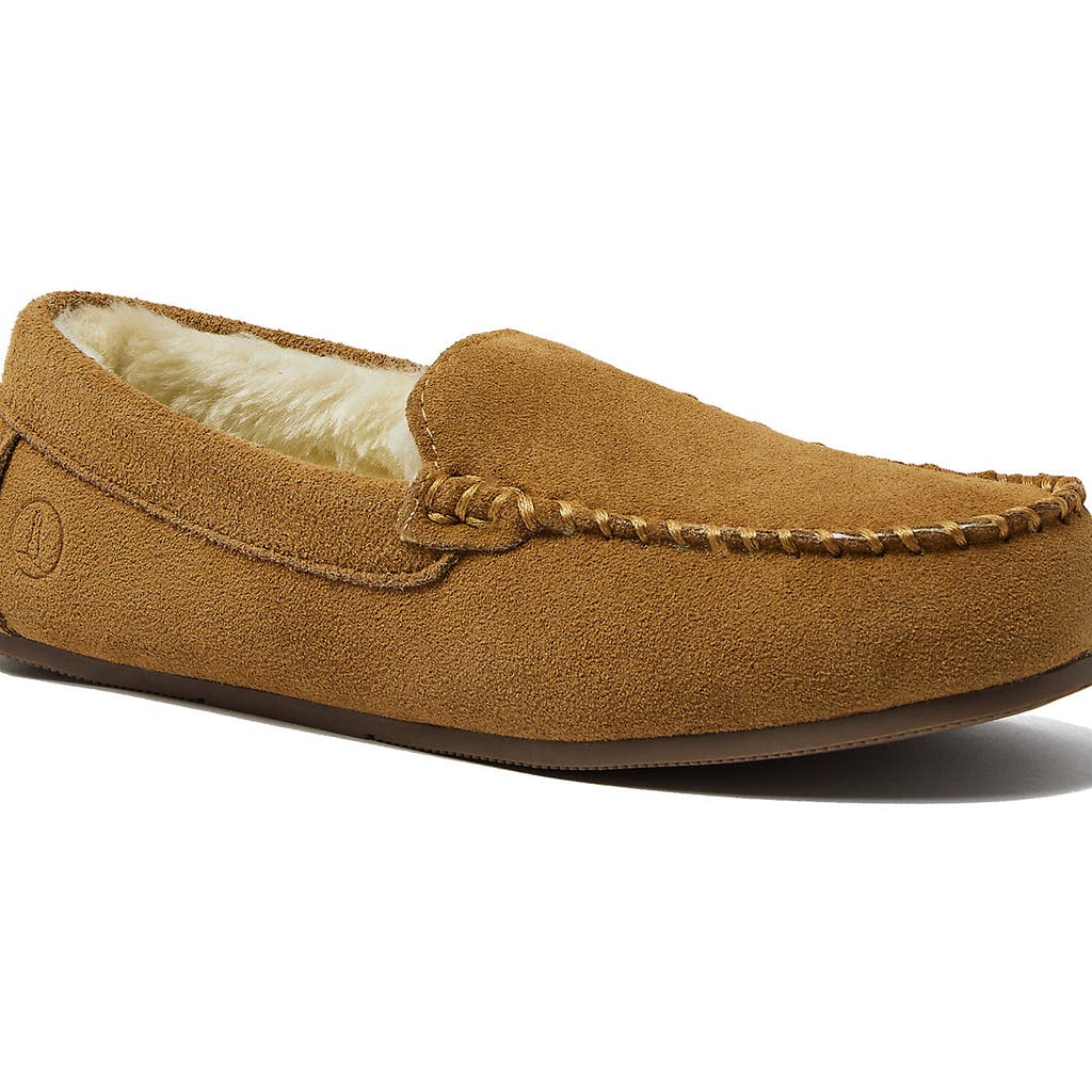 Lands' End Fuzzy Lined Suede Moccasin Slippers In English Tan Suede